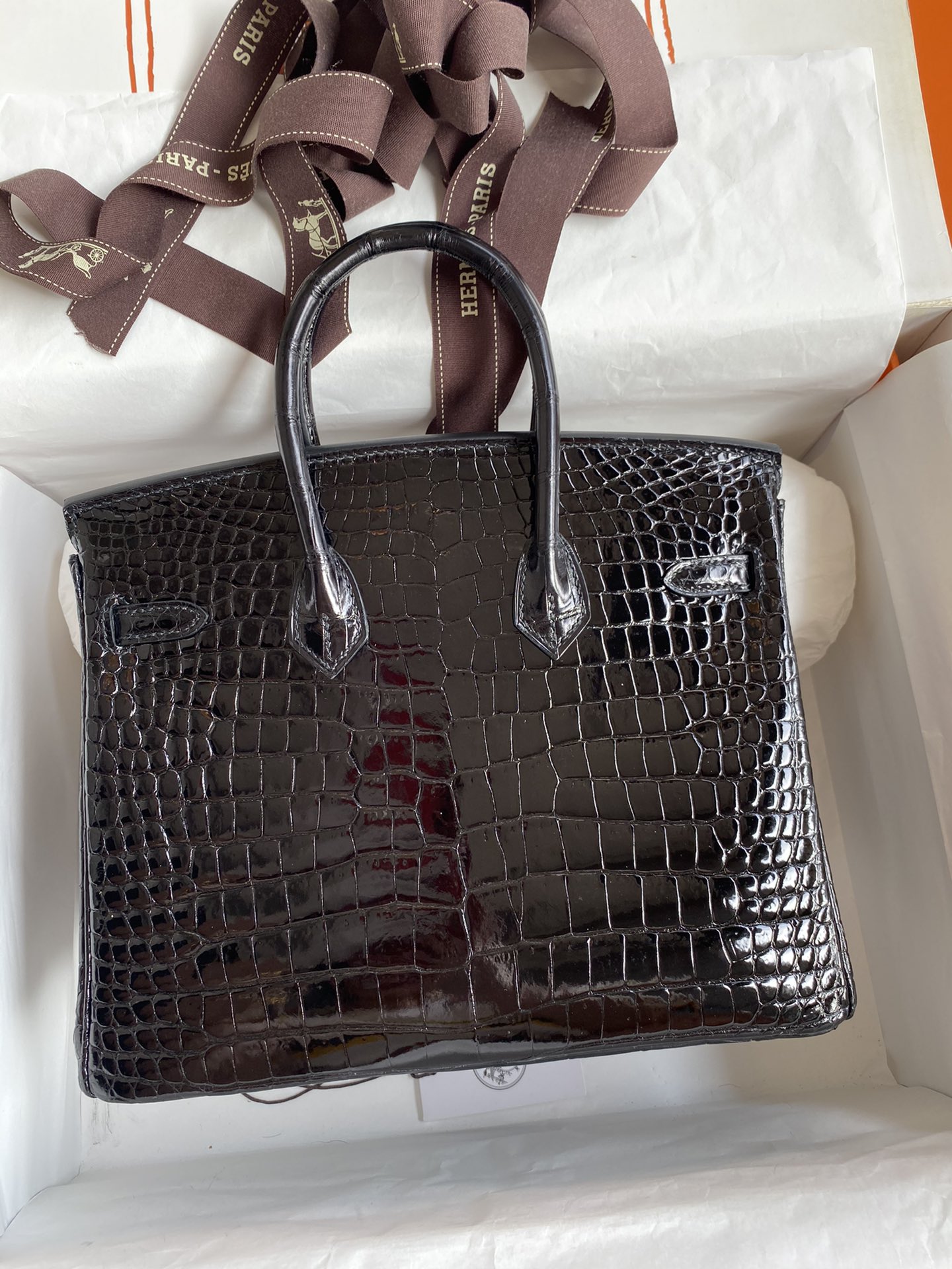 Hermes Birkin 25CM Handmade Bag In Black Crocodile Niloticus Shiny Skin